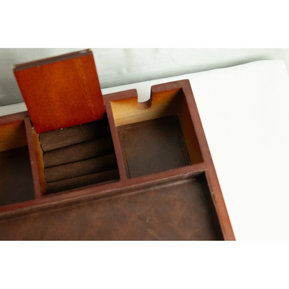 Vintage Wood Valet Box Jewelry Organizer Charging Station Brown Faux Leather